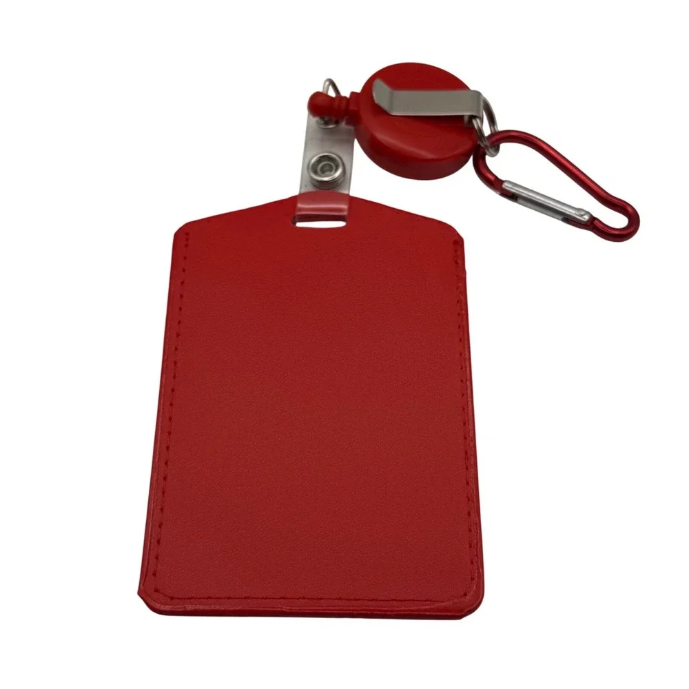 Red Retractable ID‎ Card Holder with Carabiner Clip and Lanyard